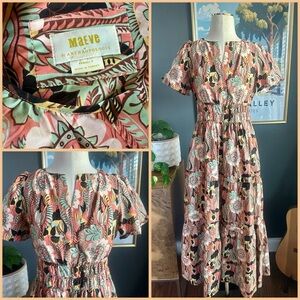 Maeve Anthropologie Coral Green Floral Puff Sleeve Ruffled Skirt Maxi Dress XS